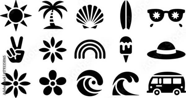 Fototapeta Summer vector icon set with sun palm tree and sea elements