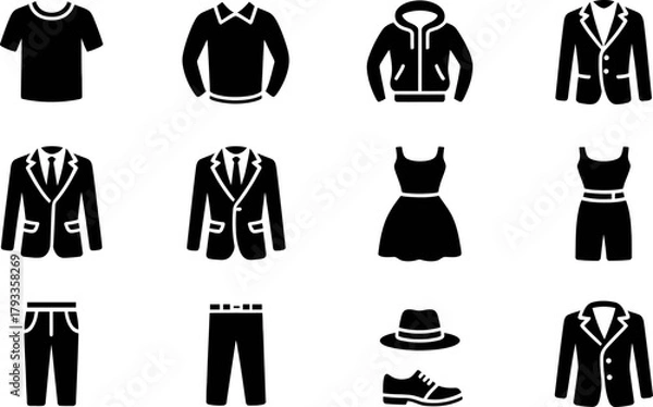 Fototapeta Variety of clothing items vector icons wardrobe essentials and apparel collection