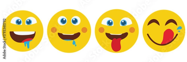 Fototapeta Yummy smiley face, emoticon face icon delicious, tasty emoji with saliva drops, tasty food symbol. Yummy smile face emoji icon vector set with tongue lick mouth. Vector illustration.