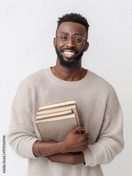 Obraz Young smiling male teacher holding stack of books. Education, knowledge, learning, and academic concept on neutral background.