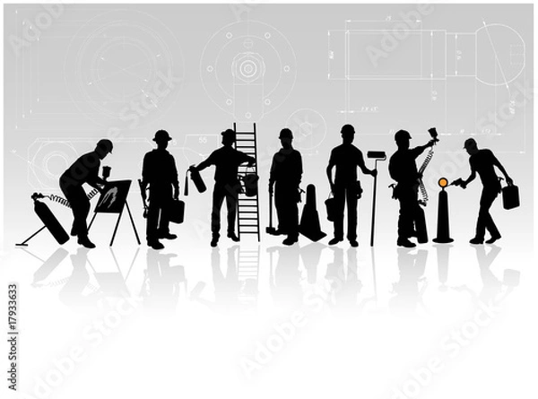 Obraz Construction workers with tools on technical background