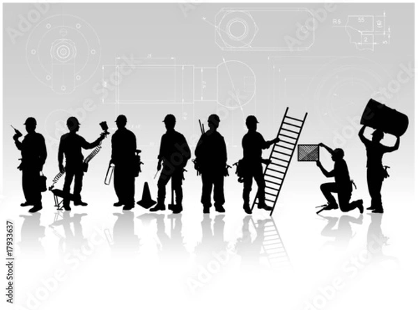 Obraz Construction workers with tools on technical background