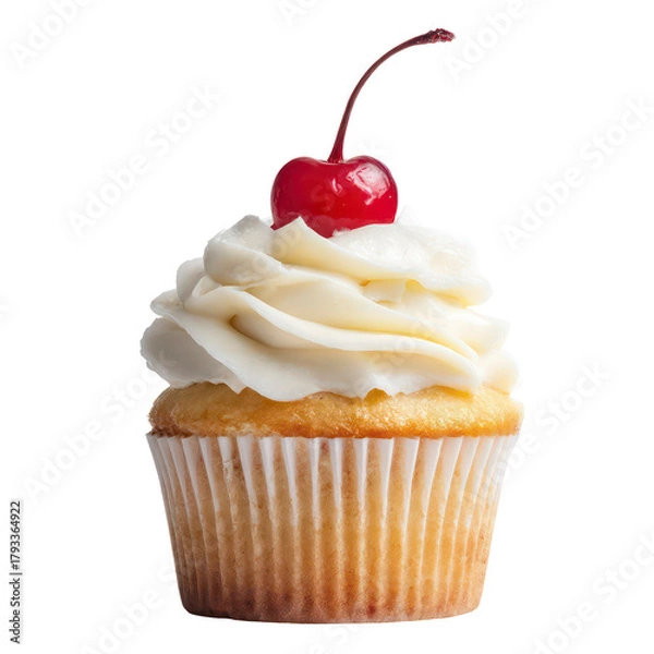 Obraz 3D render of a classic cupcake with cream swirl and cherry on top, isolated