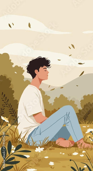 Fototapeta Young Man Meditating Outdoors in a Natural Field
