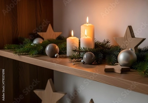 Obraz Minimal Christmas decoration on wooden shelf
