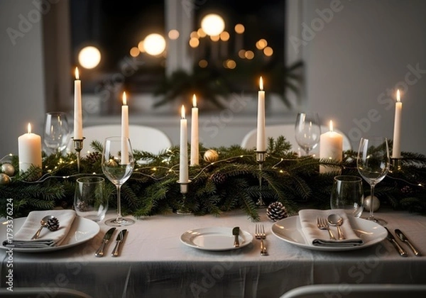 Fototapeta Minimal Christmas table setup with candles and pine branches
