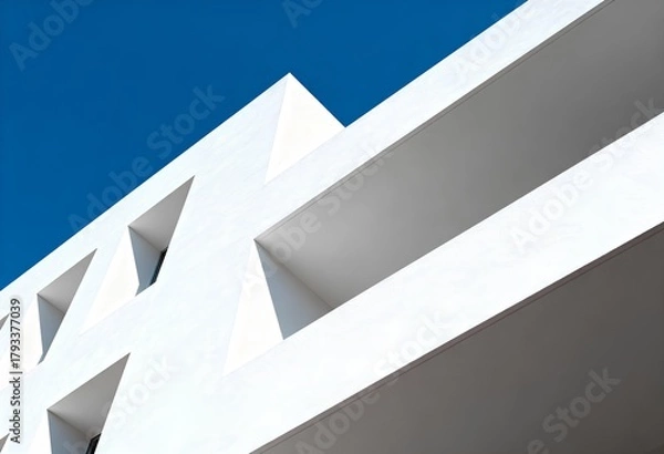 Fototapeta A close-up view of a contemporary white building with geometric shapes under a bright blue sky, showcasing minimalist design elements.