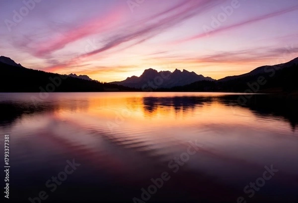 Fototapeta A breathtaking sunset paints the sky in pinks and purples, reflecting off a serene lake with mountains in the background.