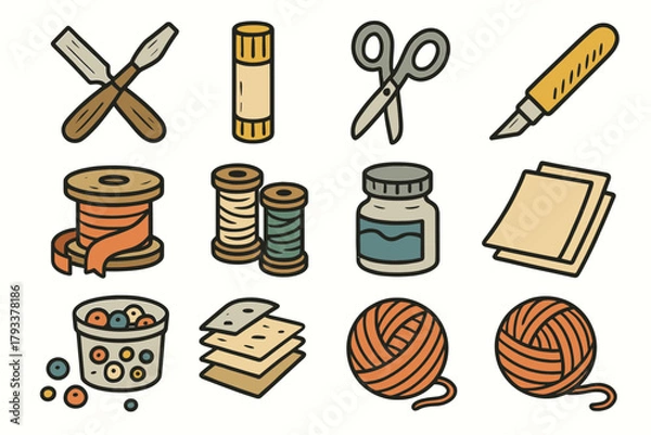 Fototapeta Shelf tools scissors paint vector threads icons icon beads paper ribbons craft