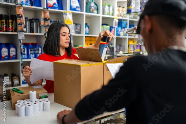 Fototapeta Woman checking a list and packing car parts into a cardboard box for a customer