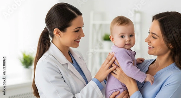 Fototapeta Caring pediatrician gently touching a baby's face while talking to the mother, a perfect concept for compassionate and gentle infant medical care