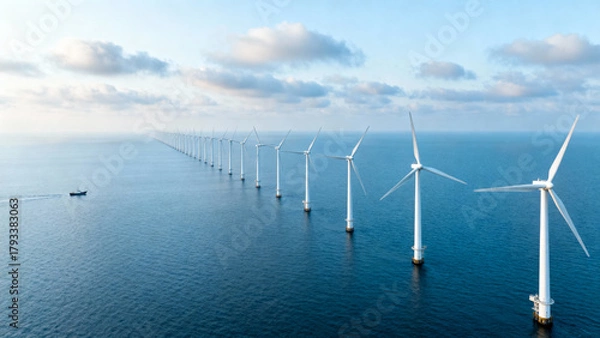 Obraz Aerial shot of offshore wind turbines in the ocean with a boat nearby, ideal for renewable energy projects or environmental articles.
