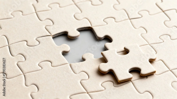 Obraz Close-up of a jigsaw puzzle missing one piece, highlighting the challenge of completion. Ideal for game-related content or educational materials.