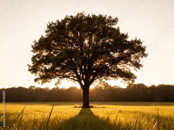 Fototapeta A solitary tree stands in a field, illuminated by the golden light of sunrise, casting long shadows on the grass below.