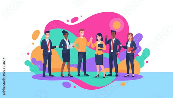 Fototapeta Diverse business team collaborating and exchanging ideas in a colorful modern abstract setting