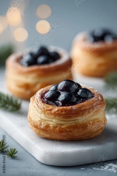 Obraz Glossy blueberry danish pastry violet filling flaky layers bokeh lights

