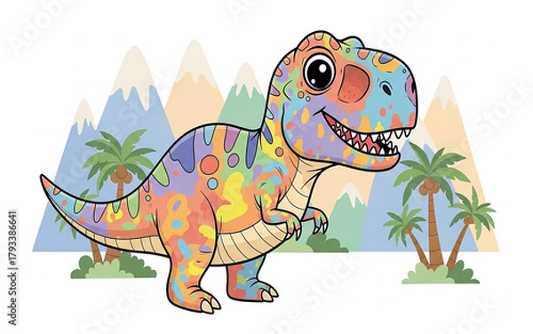 Fototapeta Colorful Tyrannosaurus Rex Illustration: A vibrant Tyrannosaurus Rex illustration with a colorful coat roams a whimsical landscape, with playful and childlike energy.