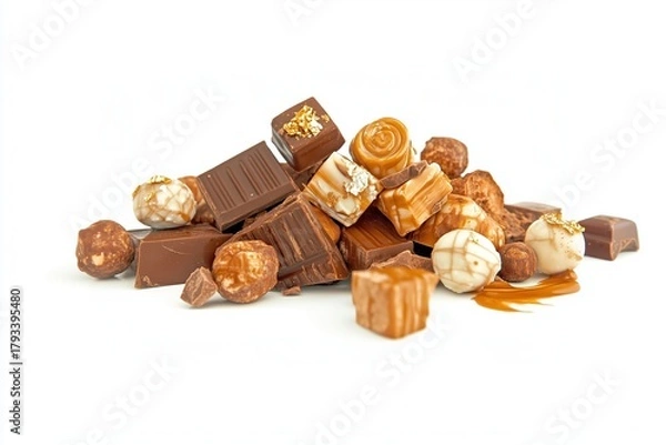 Fototapeta Assortment of milk chocolate and caramel candies scattered on a white background, including pieces with swirled patterns and glossy textures.