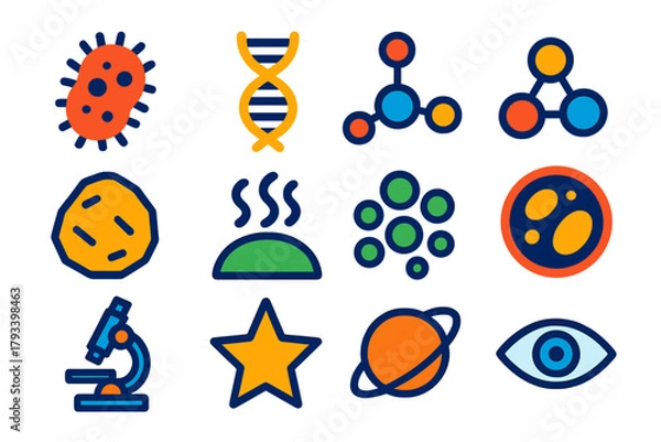 Fototapeta Colorful Biosignature Icons. Flat vector icons of Biosignatures: Microbe Icon, DNA Strand, Chemical Compound, Water Molecule, Rock