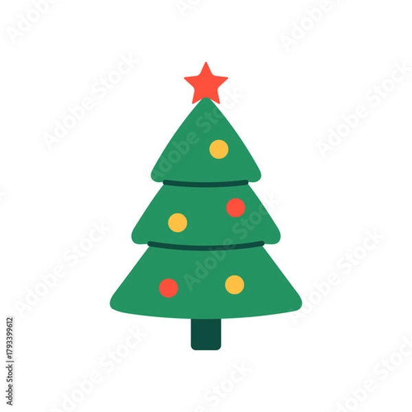Fototapeta Vector illustration of green Christmas tree with red and yellow ornaments and red star on top. Festive holiday object in flat style. Christmas tree clipart. New year funny icon.