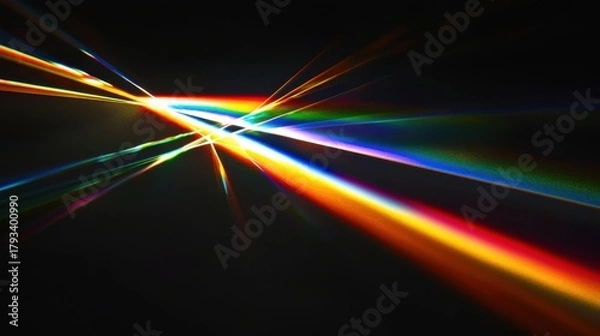 Obraz Laser beam divergence creating spectacular rainbow spectrum light rays radiating from central intersection point with vibrant chromatic dispersion on black background