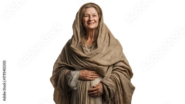 Fototapeta Full-body portrait of elderly woman Elizabeth in modest robes with hands on belly on transparent background, biblical figure symbolizing faith, joy, and divine promise for Christian design.
