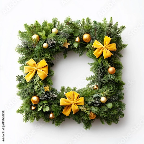 Fototapeta Christmas pine wreath with bows and baubles. Square fir wreath is decorated with Christmas baubles, isolated on white background
