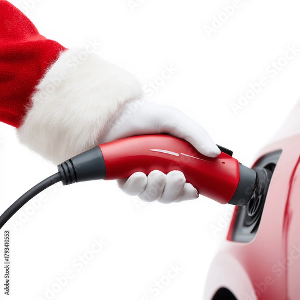 Obraz Santa Claus holds electric car charging plug. Santa's gloved hands insert charging cable into electric car. Side view, isolated on a white background