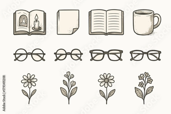 Fototapeta Icon pressed folded glasses icons flower reading journal cozy vector mood