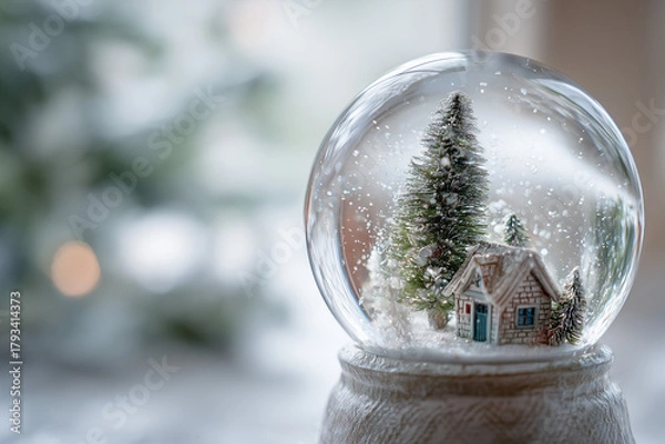 Fototapeta Macro swirling flakes inside snow globe with crisp refractions and soft light