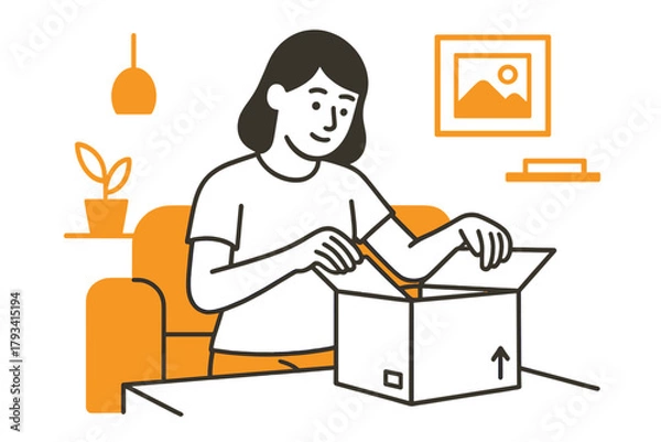 Obraz Person opening package in cozy room setting with warm tones