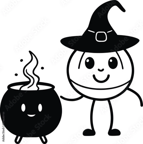 Obraz Cute Halloween Witch Potato with Smiling Cauldron Silhouette Illustration