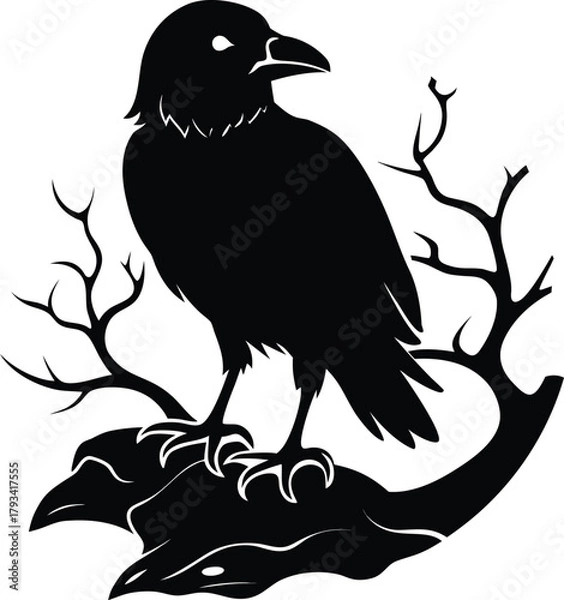 Obraz Black bird with tree silhouette illustration 