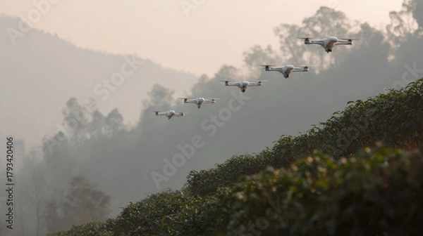 Fototapeta swarm of advanced drones precisely treating plants for pests in sustainable agricultural setting