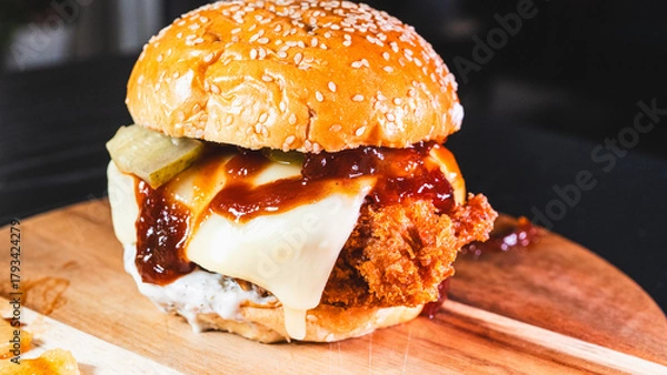 Obraz Korean fried chicken katsu burger with panko-crusted thigh, brioche bun, special sauces, pickles, and cheese. Crispy, juicy, and packed with flavor. Asian fusion delight.