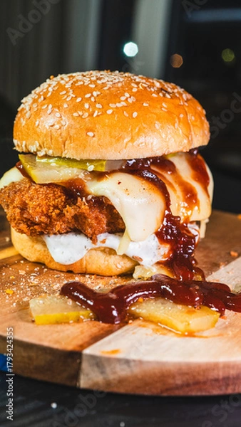 Fototapeta Korean fried chicken katsu burger with panko-crusted thigh, brioche bun, special sauces, pickles, and cheese. Crispy, juicy, and packed with flavor. Asian fusion delight.