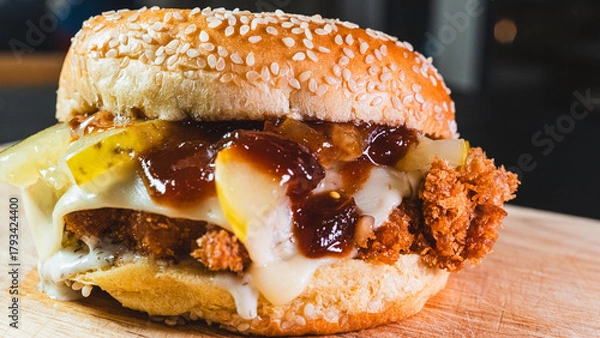 Fototapeta Korean fried chicken katsu burger with panko-crusted thigh, brioche bun, special sauces, pickles, and cheese. Crispy, juicy, and packed with flavor. Asian fusion delight.