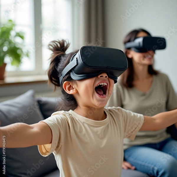 Fototapeta Little girl and mother wearing virtual reality headsets, symbol of family connection and digital innovation
