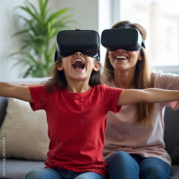 Fototapeta Little girl and mother wearing virtual reality headsets, symbol of family connection and digital innovation