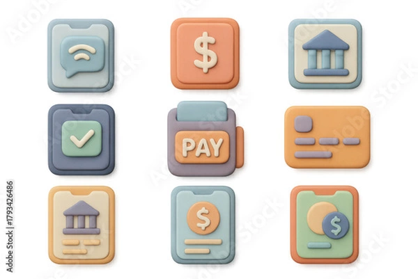 Obraz 3d icon set: finance and banking app icons in soft pastel color palette