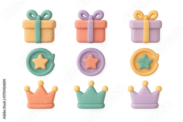 Obraz Colorful 3d gift boxes and crowns with stars and ribbons in pastel tones