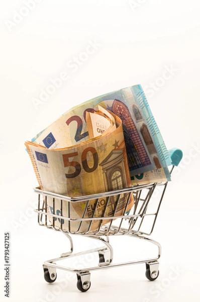 Obraz Close-up Perspective of European Currency: Fanned Stack of Euro Notes (50, 20) in a Small Metal Shopping