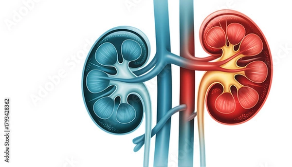 Fototapeta Human kidneys, with arteries and veins in contrasting colors, cutout, PNG isolated on white or transparent background