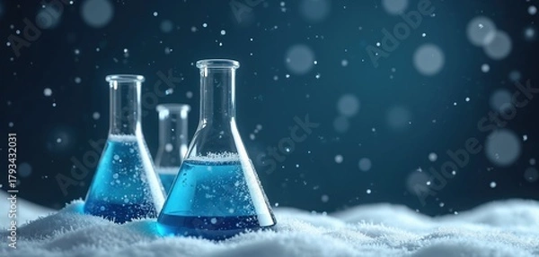Fototapeta Three glass laboratory flasks filled with blue liquid sit in snow under falling snowflakes. Blue background with bokeh effect. Scientific experiment concept.