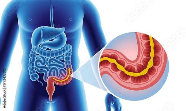 Fototapeta Human digestive system, with magnified view of intestinal lining and yellow structure, cutout, PNG isolated on white or transparent background