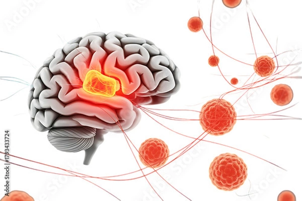 Fototapeta Human brain, with a glowing tumor and surrounding cells, cutout, PNG isolated on white or transparent background