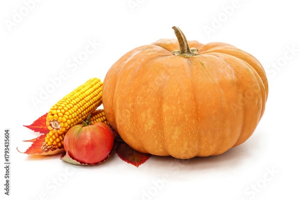 Obraz Autumn still life with pumpkin, corn, tomato, and red leaves.
