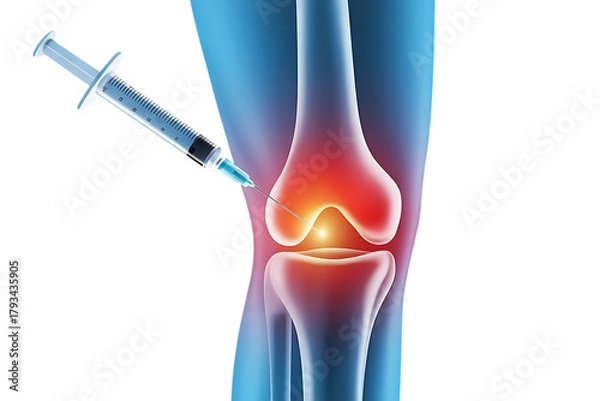 Fototapeta Knee joint injection, with glowing fluid and syringe, cutout, PNG isolated on white or transparent background