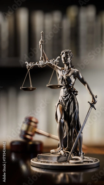 Fototapeta Legal Concept: Themis is the goddess of justice and the judge's gavel hammer as a symbol of law and order on the background of books