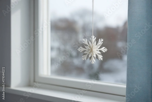 Fototapeta delicate paper snowflake clings to frosty window beautifully designed in minimalist style